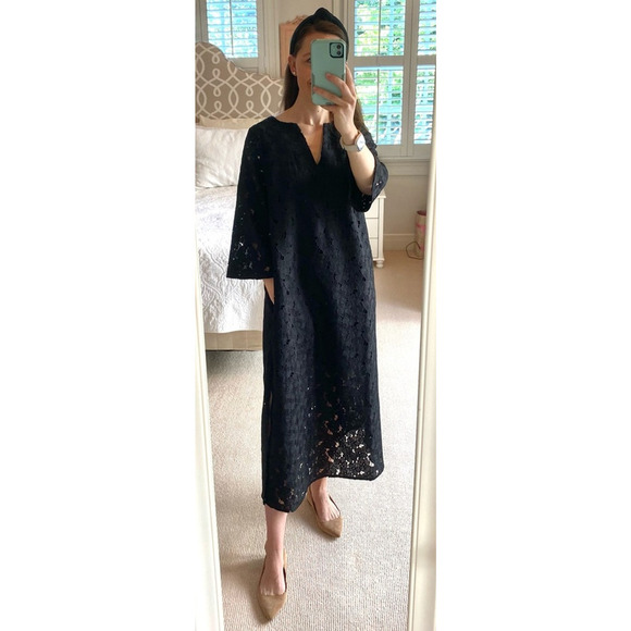Tuckernuck Black V-Neck Floral Lace Eyelet Jamie Midi Kaftan Shift Dress XS - Picture 6 of 15
